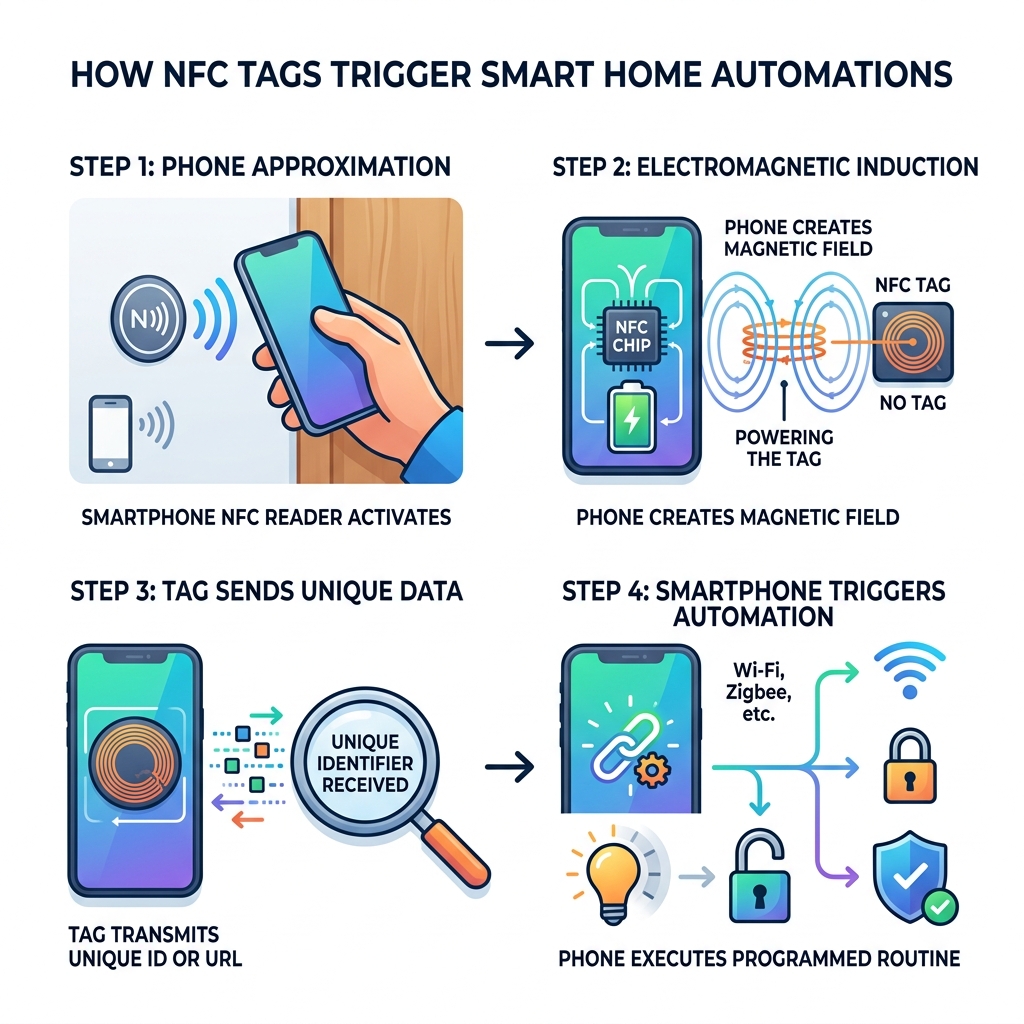 How NFC tags communicate with smartphones to trigger smart home automations - home automation nfc tags infographic 