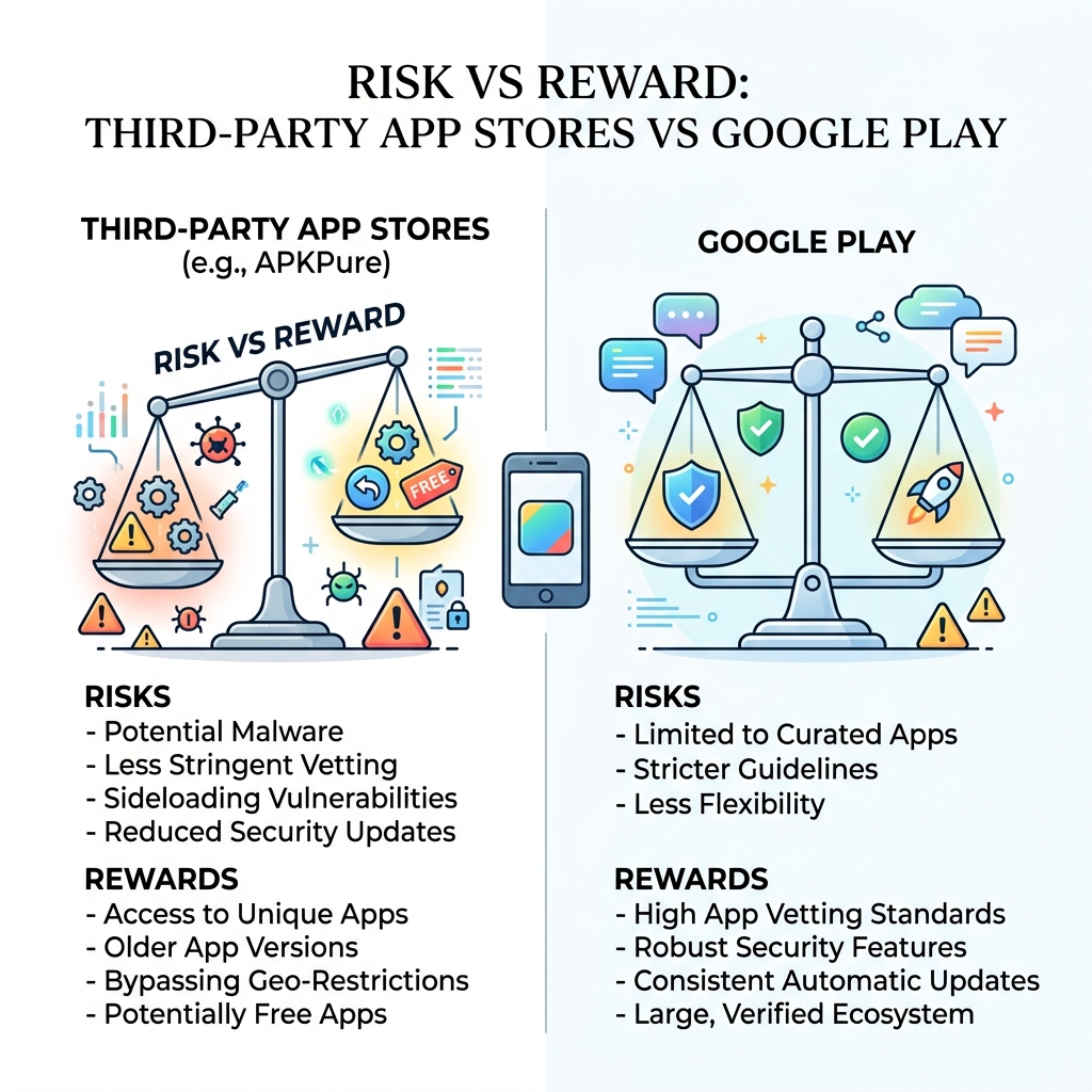 Risk vs reward infographic for third-party app stores like APKPure vs Google Play - apkpure com safe infographic Risk vs reward infographic for third-party app stores like APKPure vs Google Play - apkpure com safe infographic