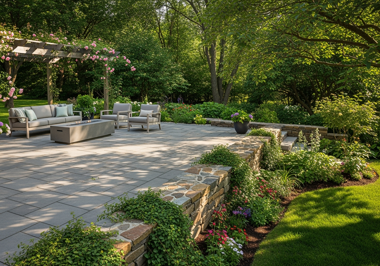 modern paver patio seamlessly integrated with a lush garden and retaining wall - backyard patio builders