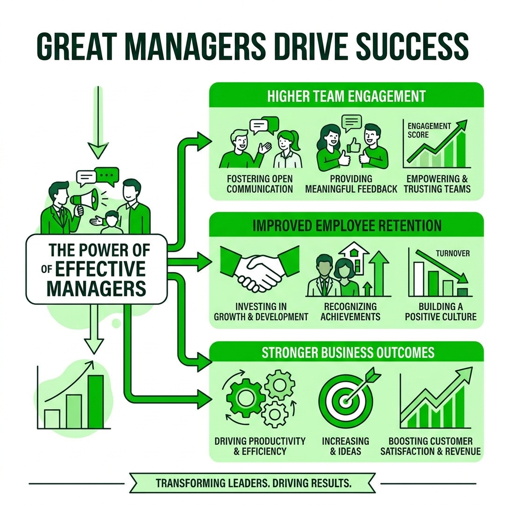 Infographic showing how great managers drive team engagement, retention, and business outcomes - developing leaders in the