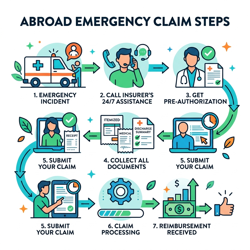 Infographic showing the emergency claim workflow from incident to reimbursement - abroad emergency claim steps infographic 