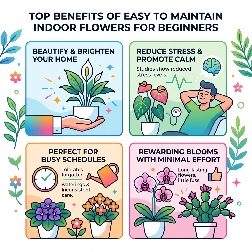 Top benefits of easy to maintain indoor flowers for beginners infographic - easy to maintain indoor flowers infographic 