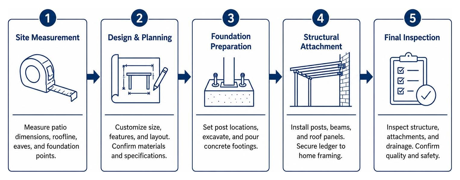 Step-by-step pathway from initial site measurement to structural attachment and final inspection Step-by-step pathway from initial site measurement to structural attachment and final inspection