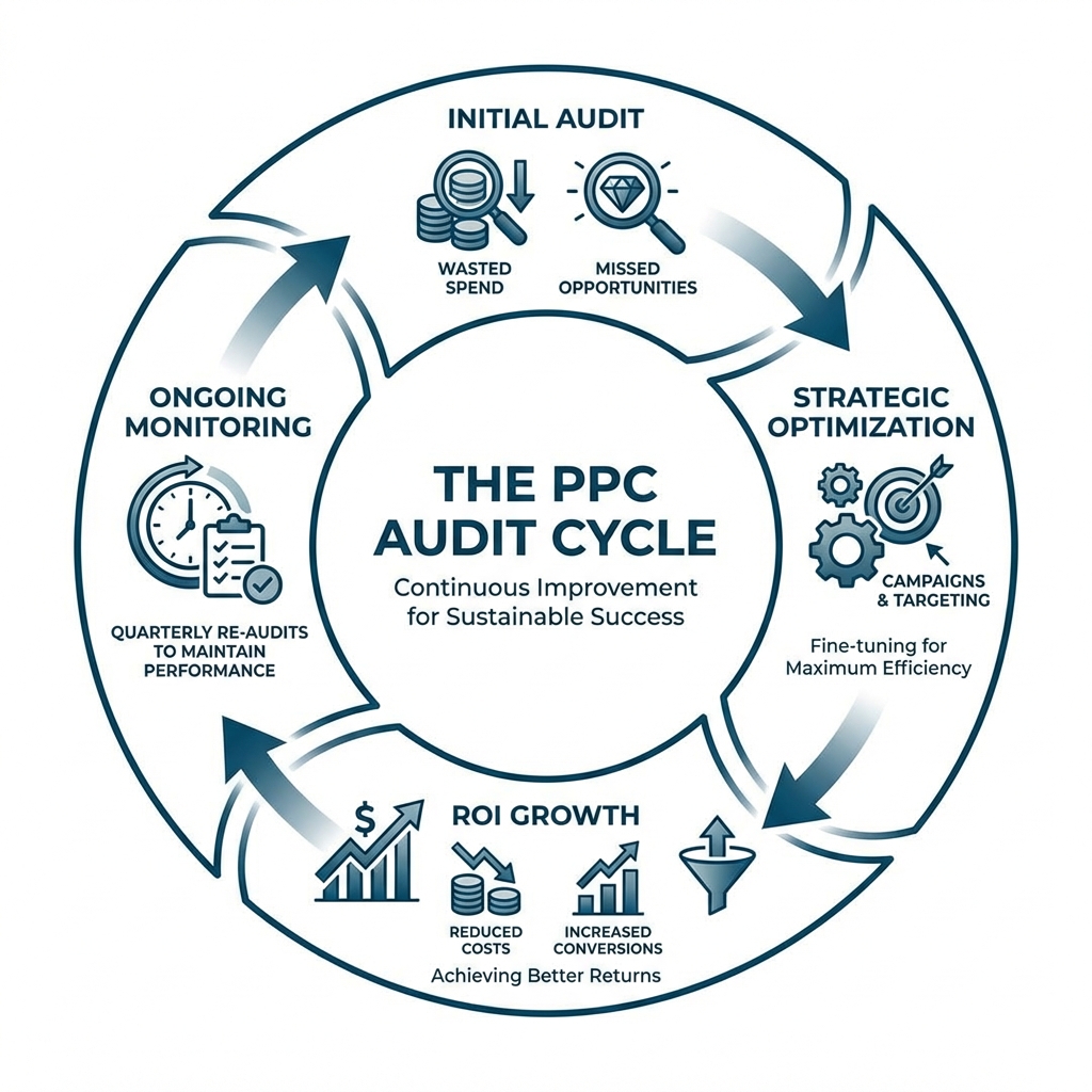Infographic showing the PPC audit cycle: Initial Audit reveals wasted spend and missed opportunities, leading to Strategic Optimization of campaigns and targeting, resulting in ROI Growth through reduced costs and increased conversions, followed by Ongoing Monitoring and quarterly re-audits to maintain performance - PPC audit company infographic PPC audit cycle infographic illustrating continuous improvement for sustainable success, featuring initial audit, ongoing monitoring, strategic optimization, and ROI growth elements.