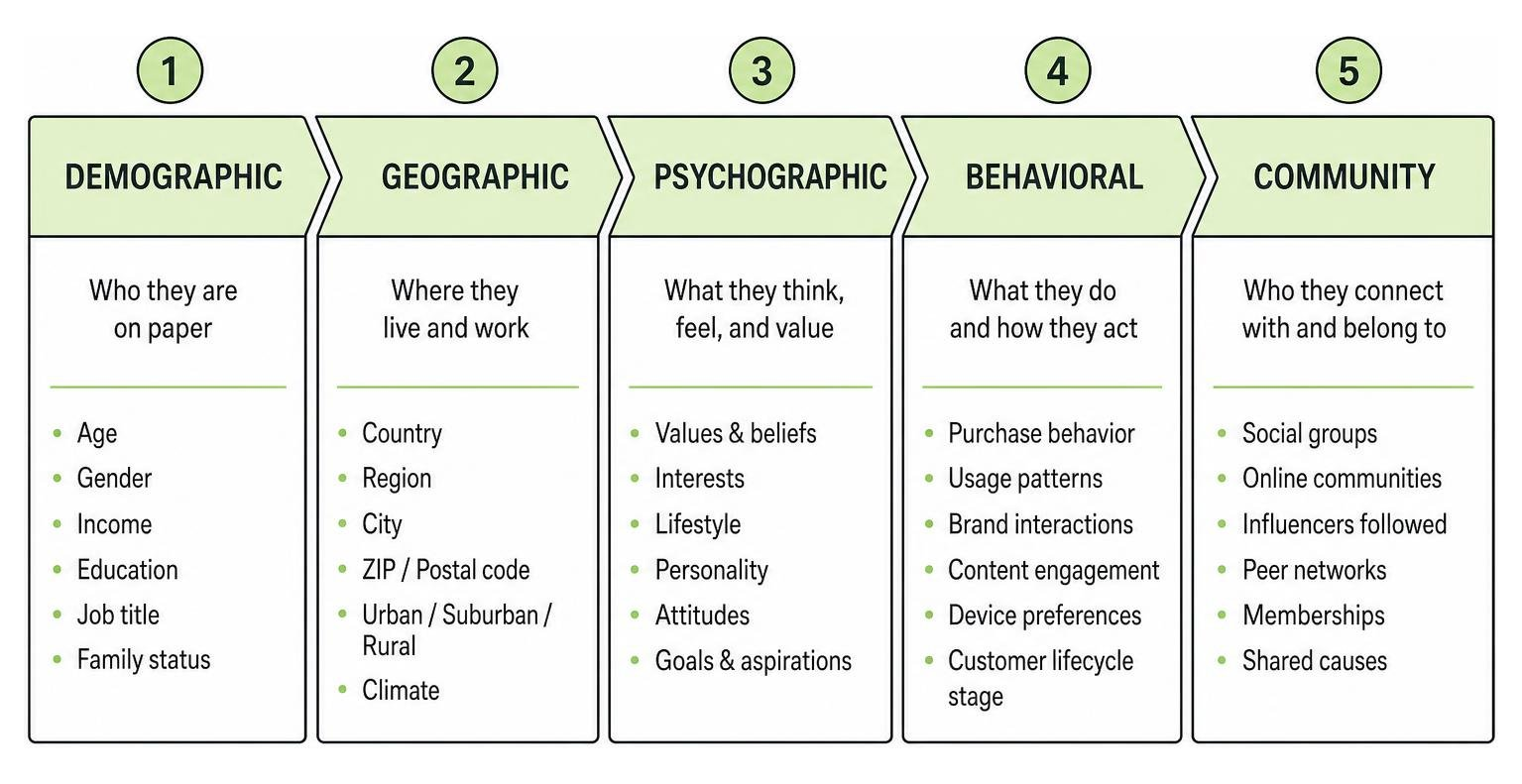 The five layers of audience intelligence: demographic, geographic, psychographic, behavioral, and community The five layers of audience intelligence: demographic, geographic, psychographic, behavioral, and community