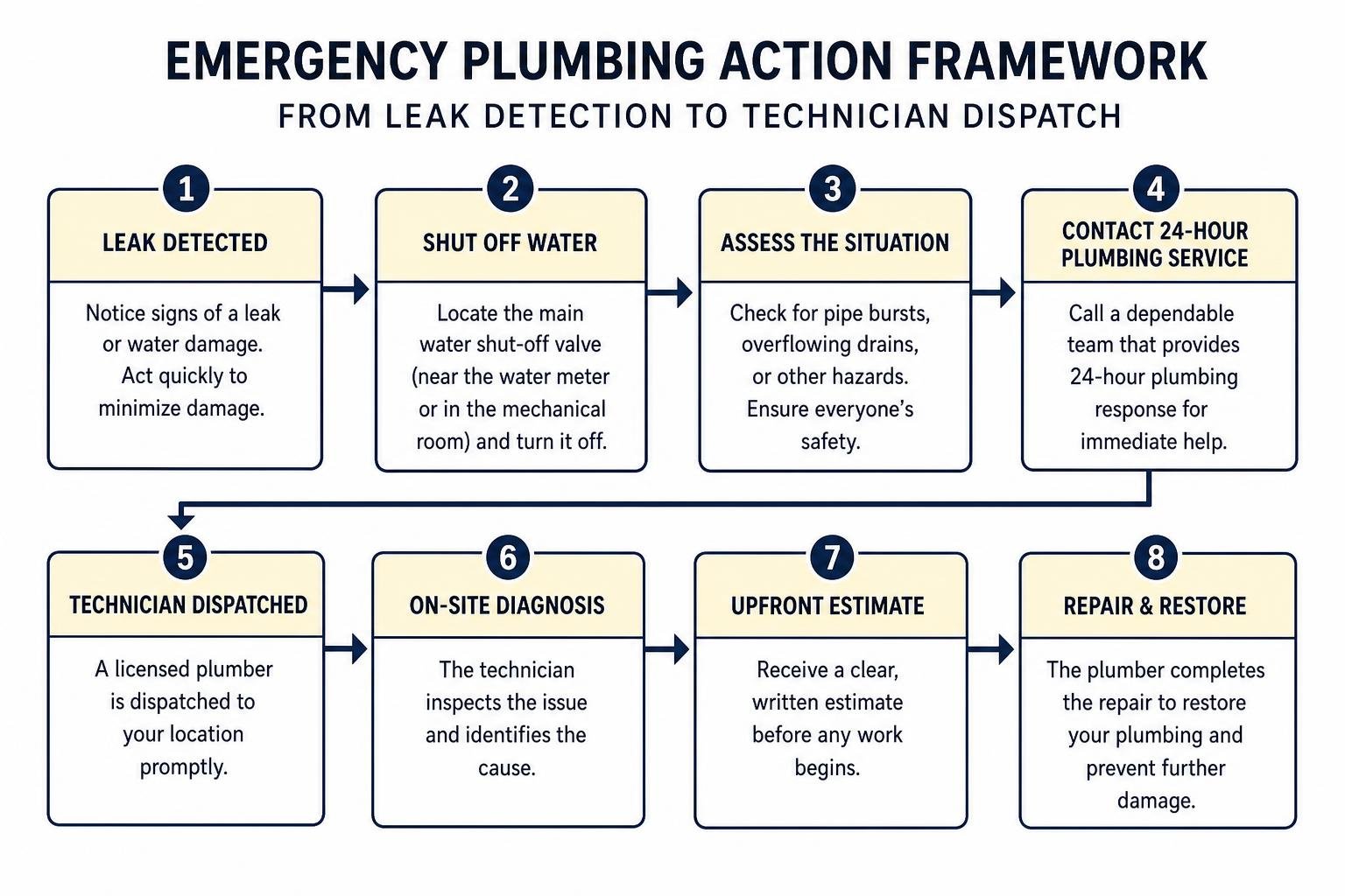 Emergency plumbing action framework from leak detection to technician dispatch Emergency plumbing action framework from leak detection to technician dispatch