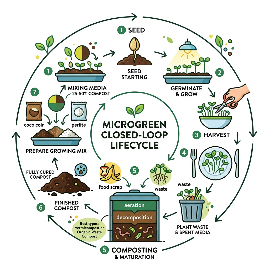 Microgreen to compost closed-loop lifecycle infographic showing stages from seed to harvest to compost and back - compost