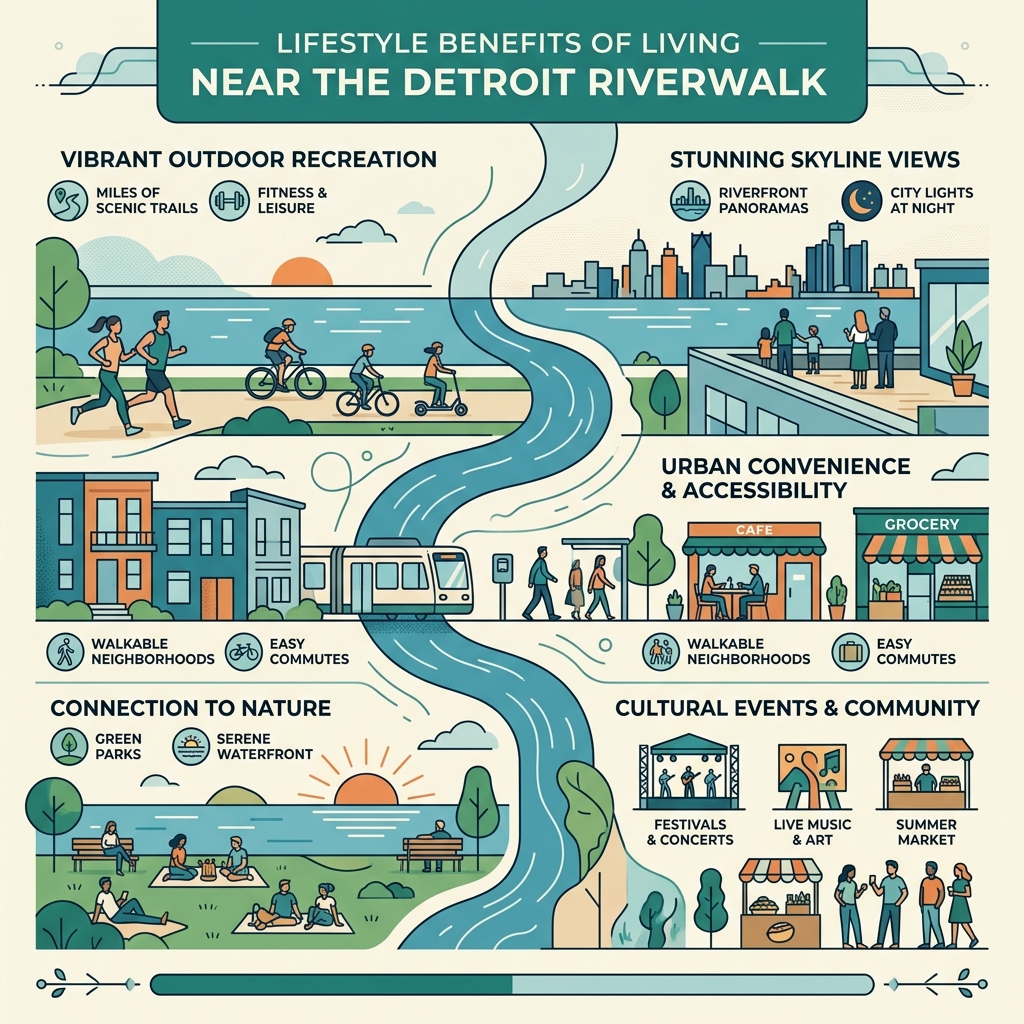 Lifestyle benefits of living near the Detroit Riverwalk infographic - riverfront lofts detroit infographic 