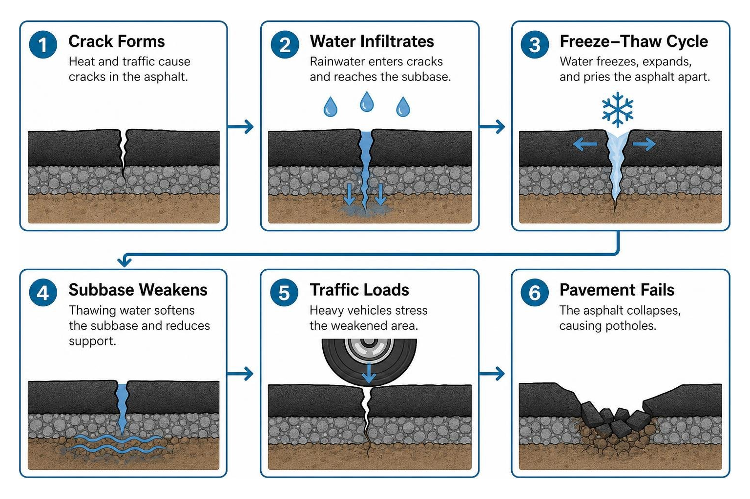 Water infiltration and freeze-thaw cycle causing asphalt subbase failure Water infiltration and freeze-thaw cycle causing asphalt subbase failure
