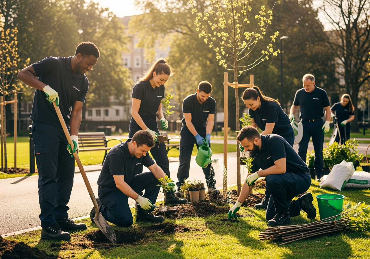 a diverse group of employees planting trees in a city park - csr initiatives examples
