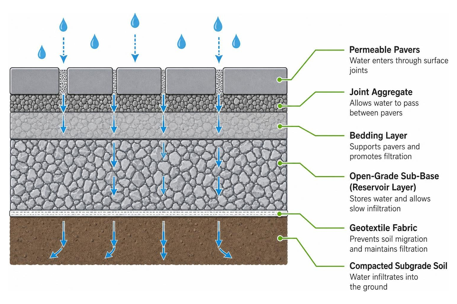 Diagram showing how water flows through permeable pavers into the sub-base layers