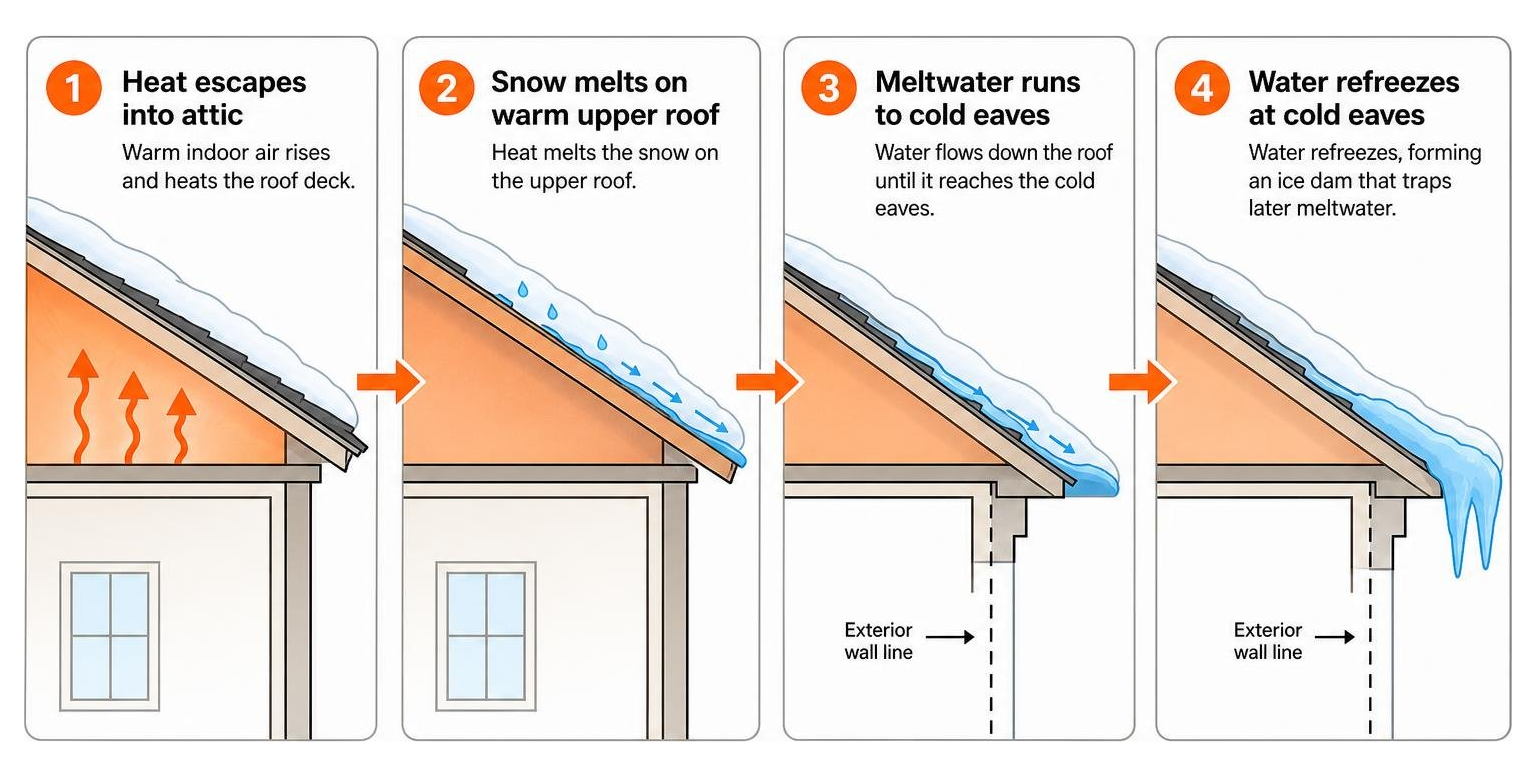 How ice dams form: attic heat melts roof snow which refreezes at cold eaves How ice dams form: attic heat melts roof snow which refreezes at cold eaves