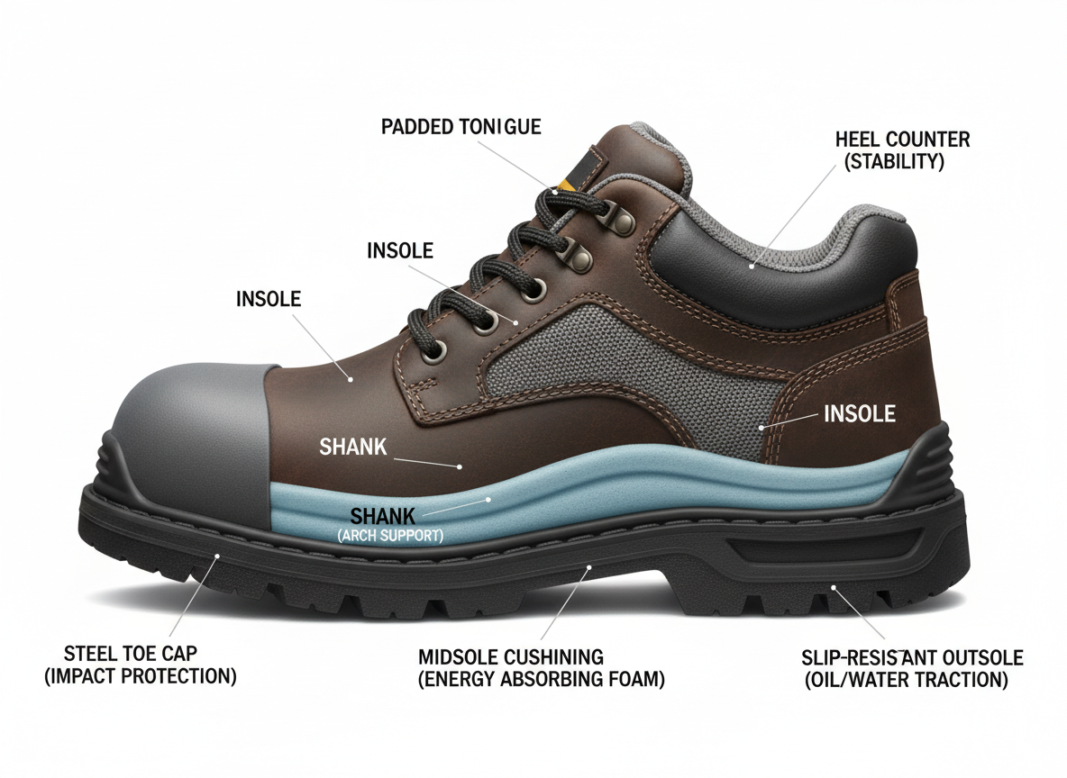 Anatomy of a work shoe highlighting midsole cushioning and slip-resistant outsole - all day standing work shoes Anatomy of a work shoe highlighting midsole cushioning and slip-resistant outsole - all day standing work shoes