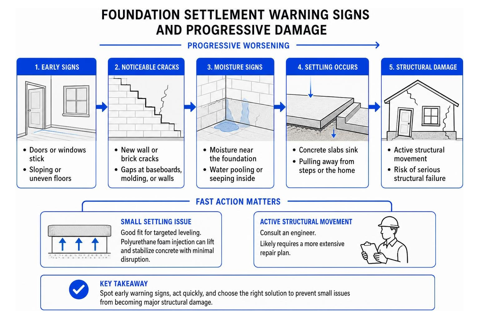 Foundation settlement warning signs and progressive damage Foundation settlement warning signs and progressive damage