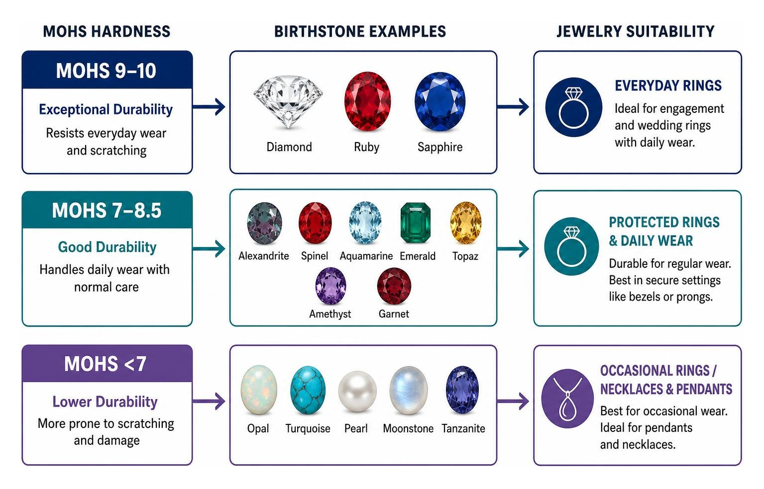 diagram categorizing birthstones by mohs hardness and jewelry suitability