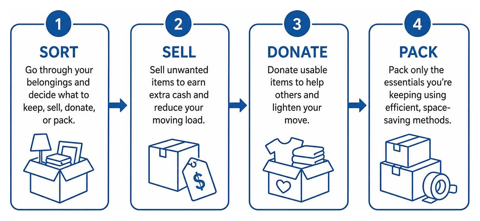 Process of sorting, selling, donating, and packing downsized belongings