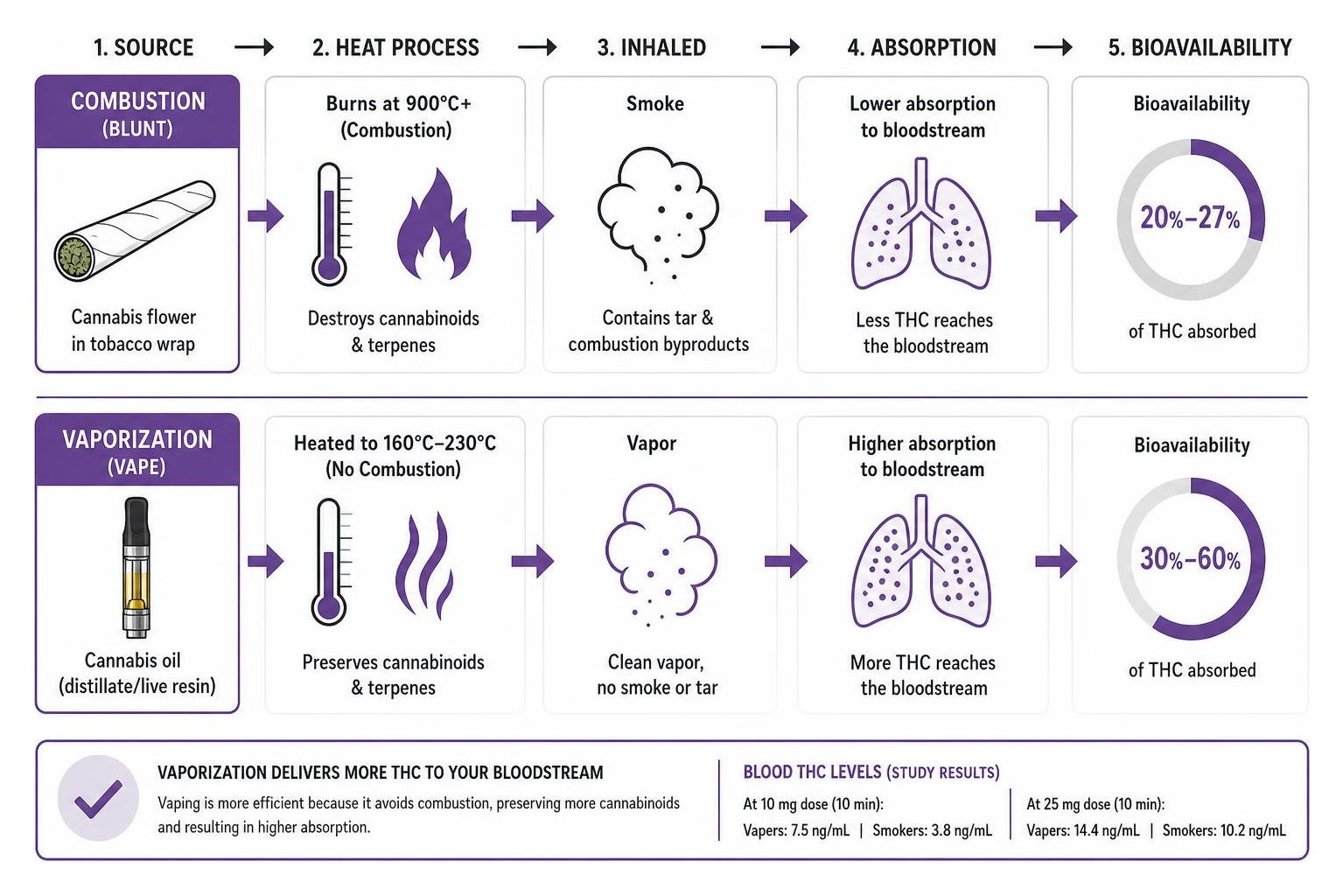 Diagram of the vaporization vs combustion process and cannabinoid absorption