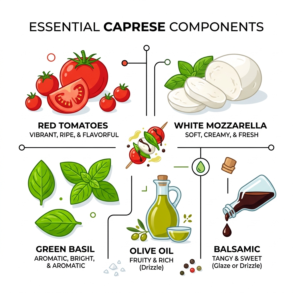 Infographic showing Caprese components: red tomatoes, white mozzarella, green basil, olive oil, balsamic - appetizer tomato Infographic showing Caprese components: red tomatoes, white mozzarella, green basil, olive oil, balsamic - appetizer tomato