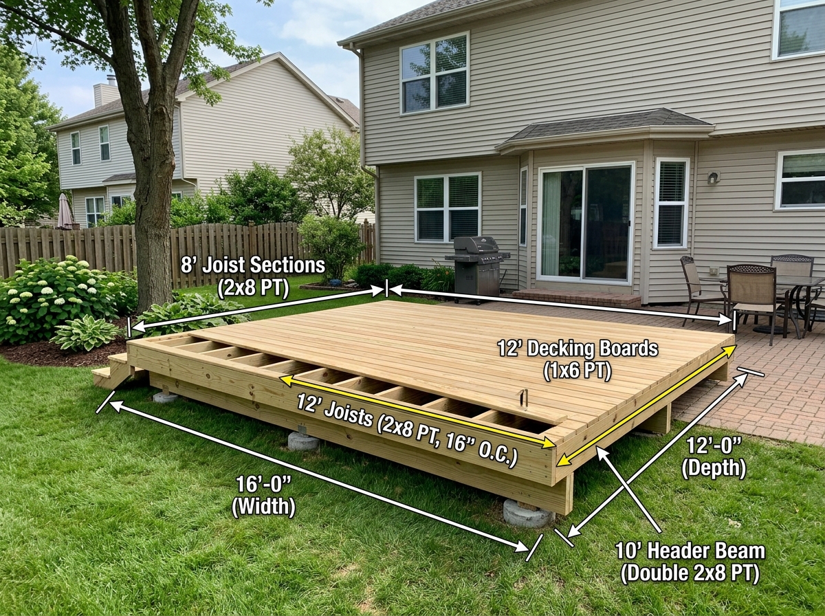A simple rectangular deck layout showing standard lumber dimensions - affordable deck ideas A simple rectangular deck layout showing standard lumber dimensions - affordable deck ideas