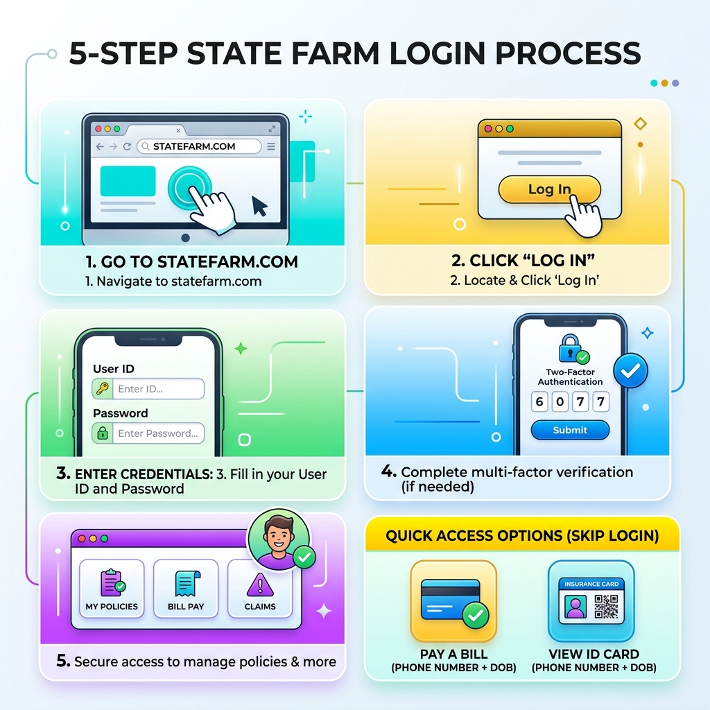 5-step State Farm login process infographic with quick access options - state farm login infographic 5-step State Farm login process infographic with quick access options - state farm login infographic