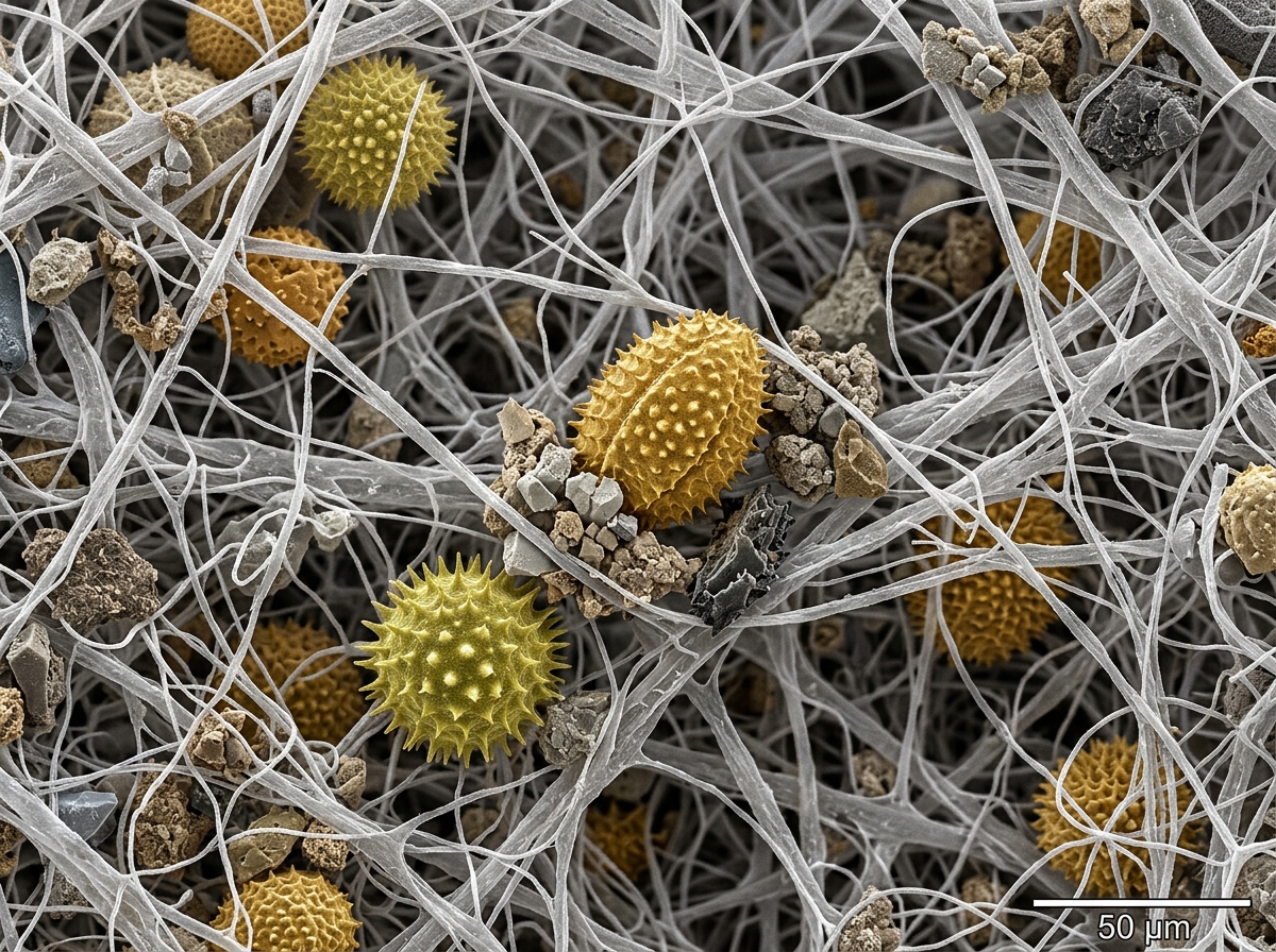Microscopic view of dust and pollen particles trapped in filter fibers - HVAC filters for allergies Microscopic view of dust and pollen particles trapped in filter fibers - HVAC filters for allergies