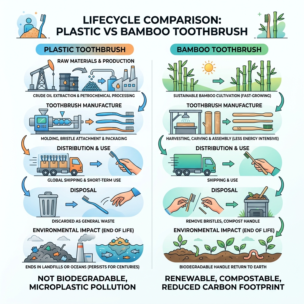 Lifecycle of a plastic toothbrush vs bamboo toothbrush from production to disposal - plastic free dental care infographic 