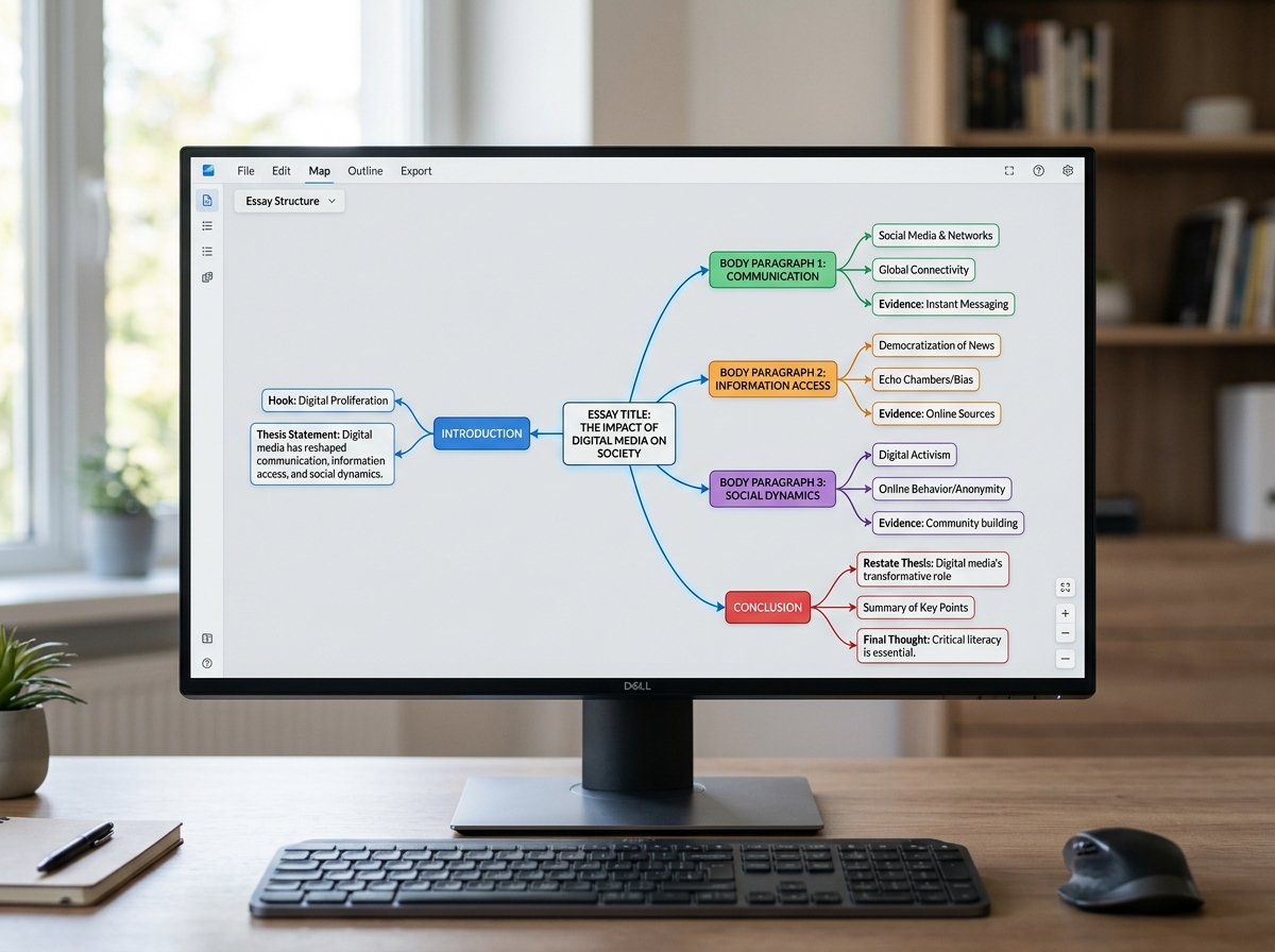A digital essay framework showing introduction, body, and conclusion nodes - ai essay structure helper