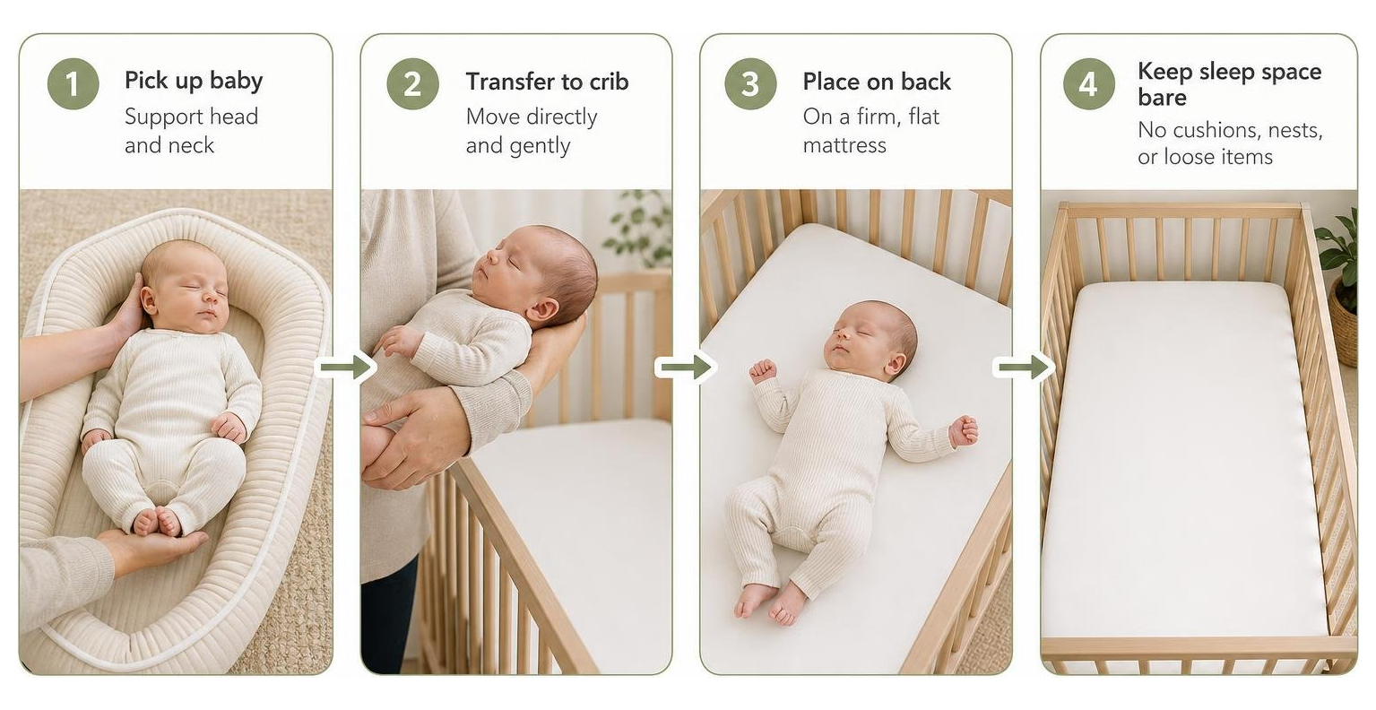 Newborn transfer from supervised lounger to safe crib