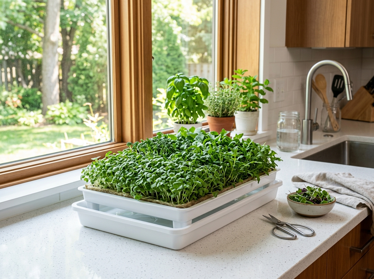 clean dirt-free hydroponic tray on a kitchen counter - growing microgreens no soil