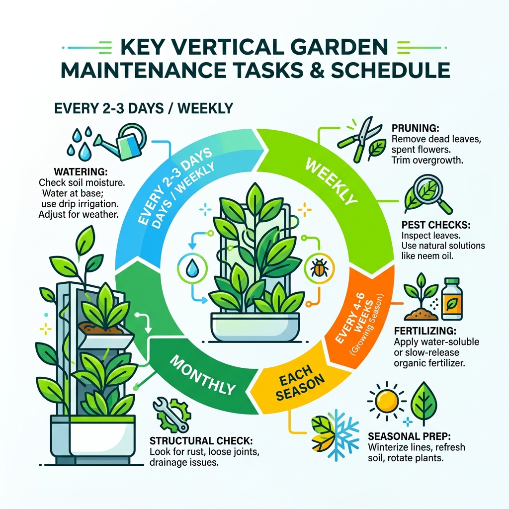 Key vertical garden maintenance tasks and schedule infographic - vertical garden maintenance tips infographic 