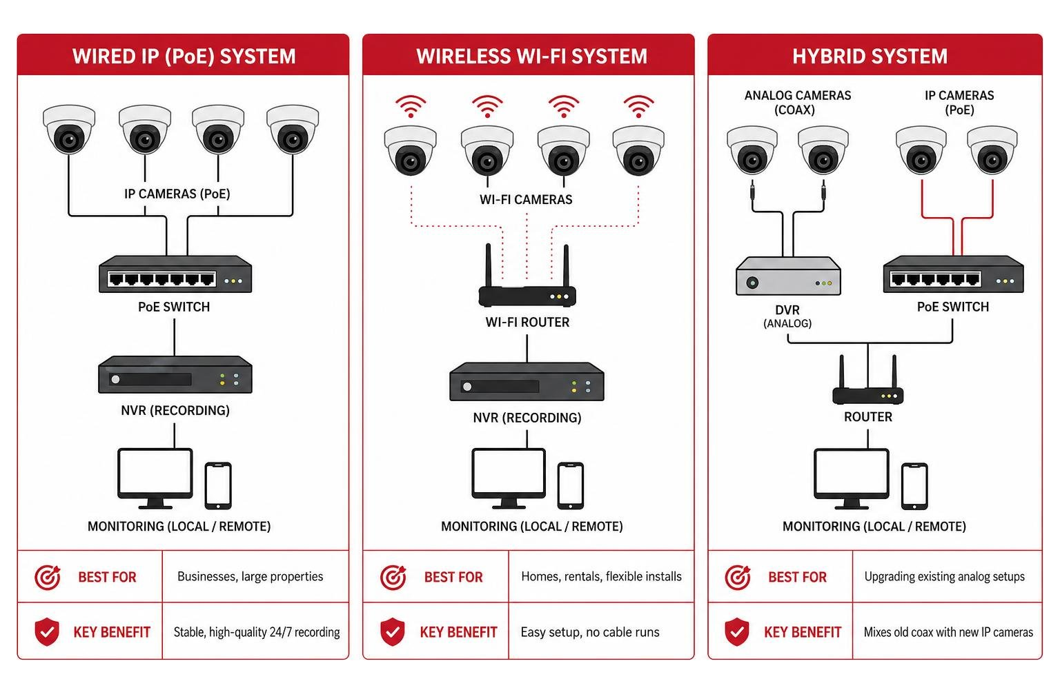 Wired vs wireless vs hybrid surveillance system architecture comparison Wired vs wireless vs hybrid surveillance system architecture comparison