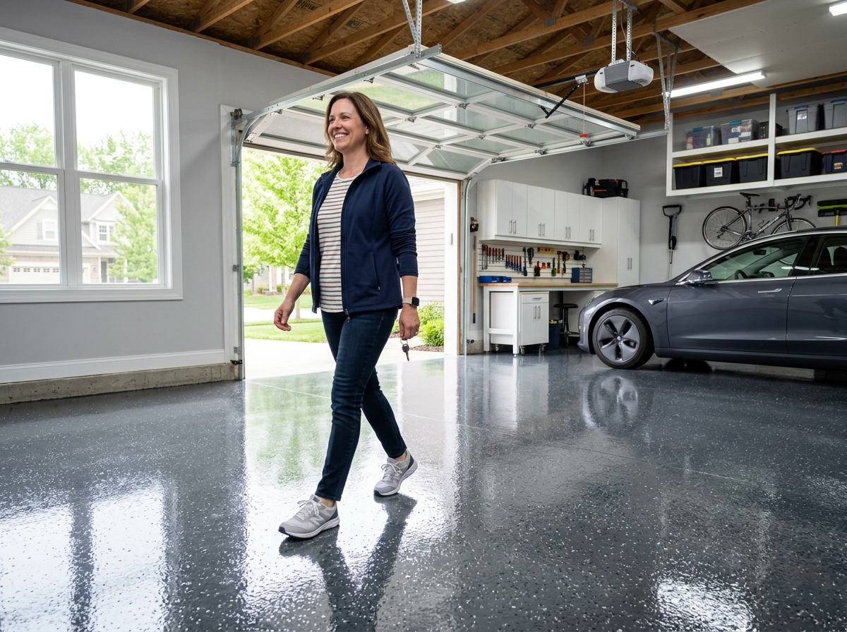 homeowner walking on a newly coated garage floor - fast dry garage epoxy