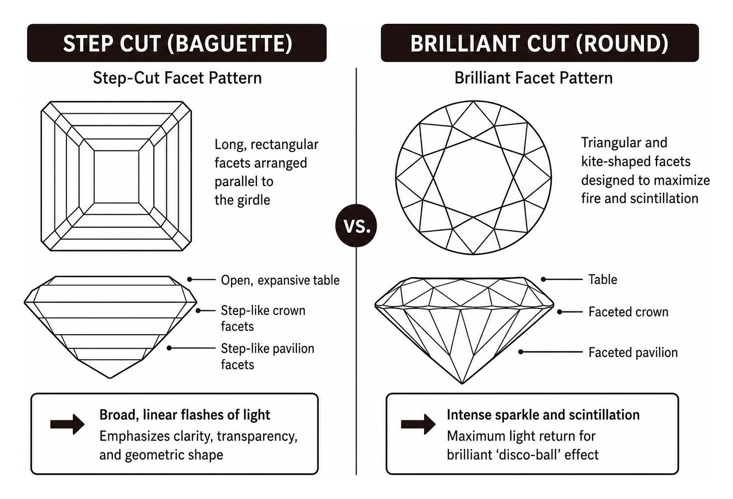 step cut vs brilliant cut facet pattern diagram step cut vs brilliant cut facet pattern diagram
