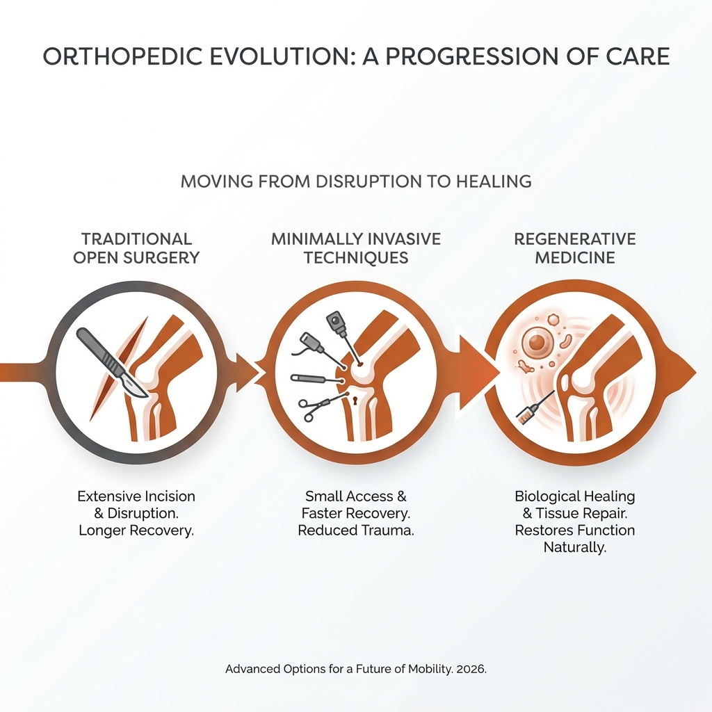 Infographic showing the progression of orthopedic treatment from traditional open surgery to minimally invasive techniques and regenerative medicine. - Non surgical options infographic 