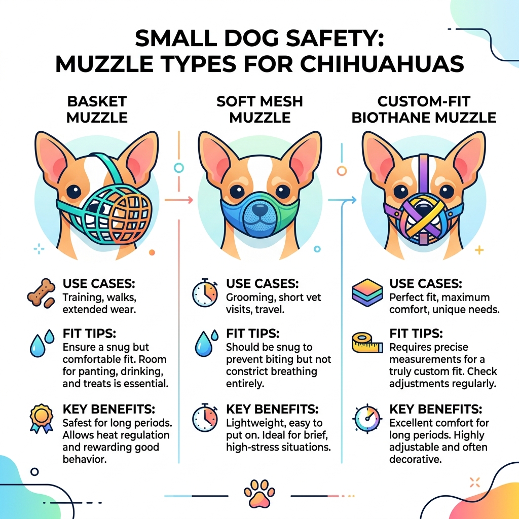 Infographic showing muzzle types for Chihuahuas with fit tips and use cases - best muzzles for chihuahua aggression Infographic showing muzzle types for Chihuahuas with fit tips and use cases - best muzzles for chihuahua aggression