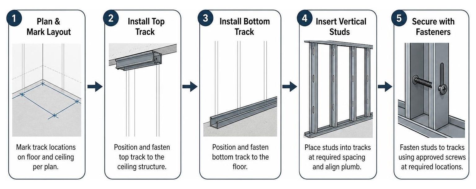Sequence of structural steel track layout and fastener installation steps Sequence of structural steel track layout and fastener installation steps