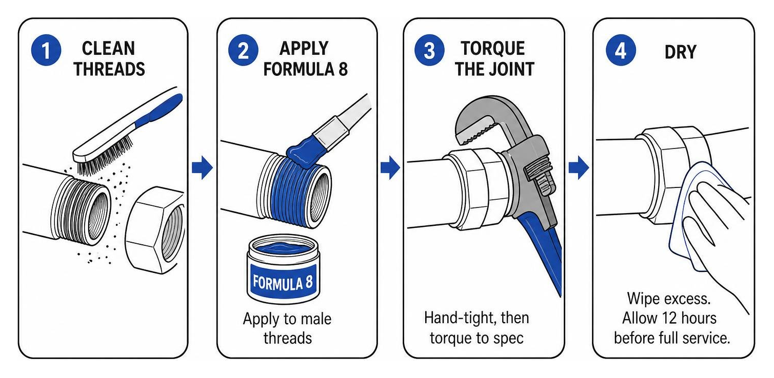Diagram showing the sequential steps of cleaning threads, applying Formula 8, torquing the joint, and drying