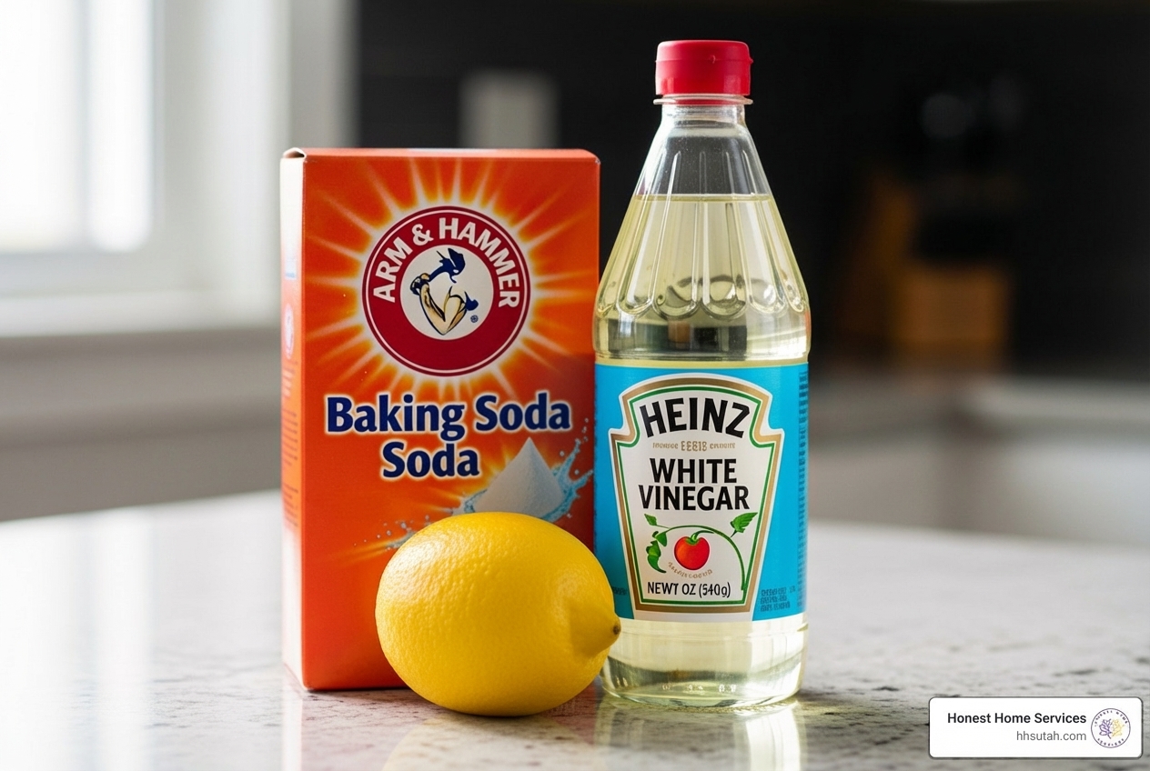Household cleaning items like baking soda, vinegar, and a lemon - Drain odor removal Household cleaning items like baking soda, vinegar, and a lemon - Drain odor removal