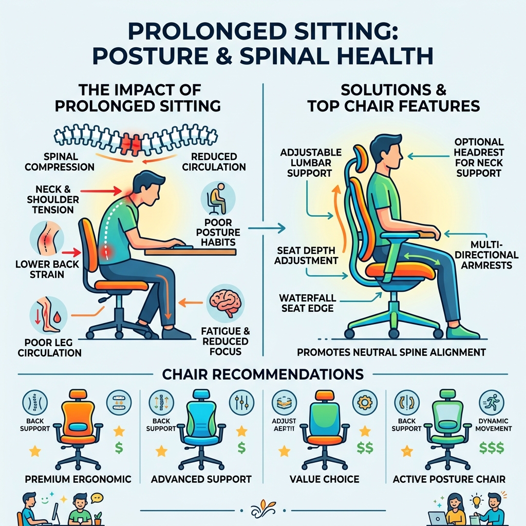 infographic showing how prolonged sitting affects posture and spinal health with top chair picks - best chair for sitting