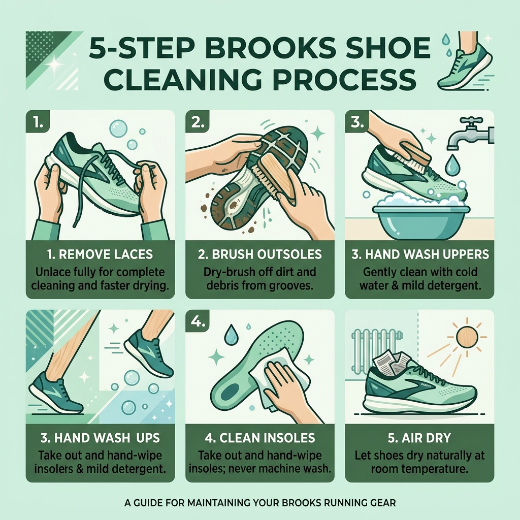 5-step Brooks shoe cleaning process infographic showing remove laces, brush outsoles, hand wash uppers, clean insoles, air