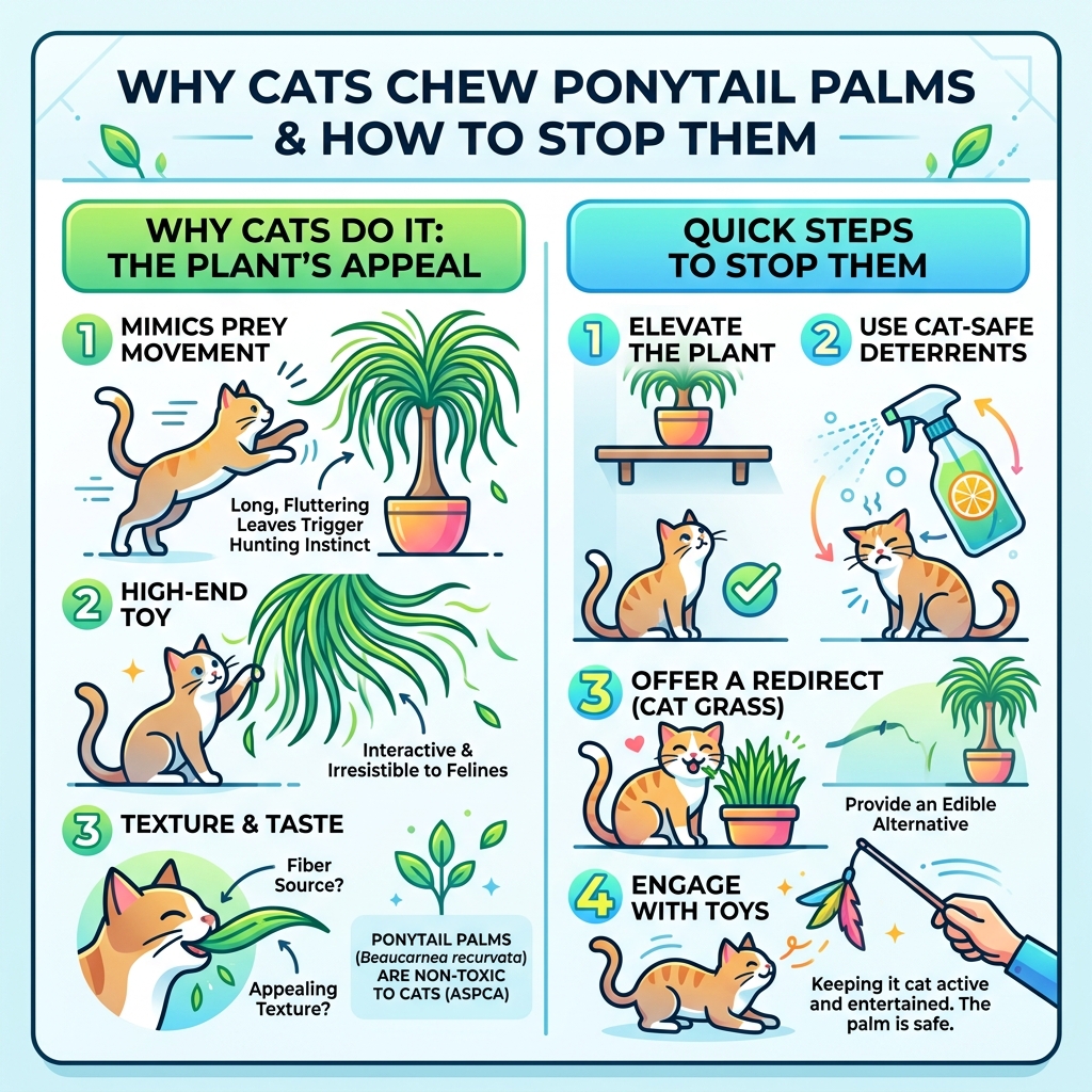 Infographic showing why cats chew ponytail palms and quick steps to stop them - cat eating ponytail palm infographic Infographic showing why cats chew ponytail palms and quick steps to stop them - cat eating ponytail palm infographic