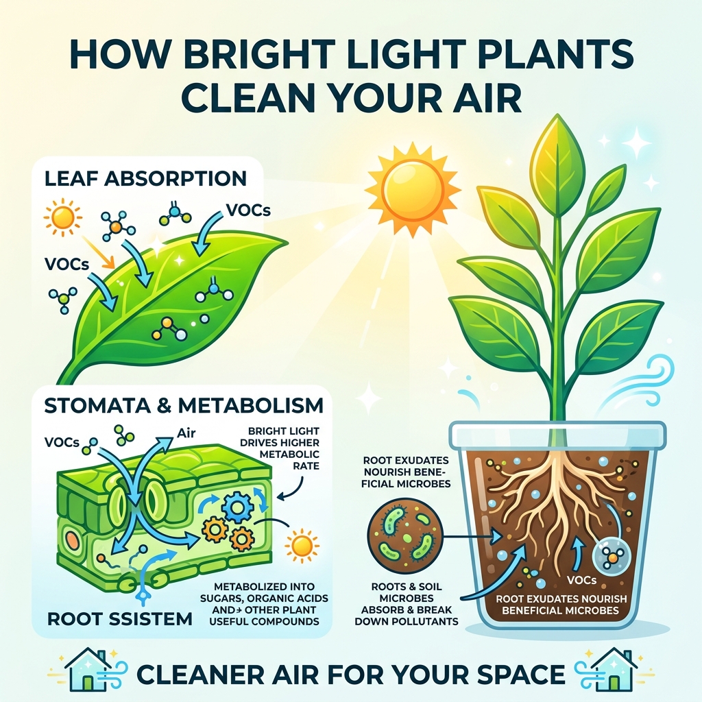 Infographic showing how bright light plants absorb VOCs through leaves, stomata, and roots - bright light air cleaning