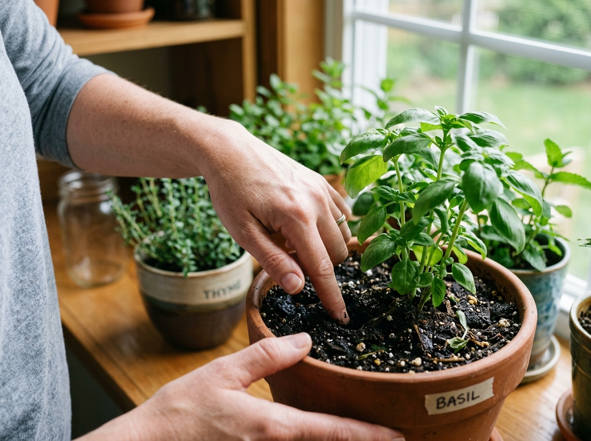 someone testing soil moisture by sticking a finger one inch deep into the potting mix - what herbs can grow without sunlight someone testing soil moisture by sticking a finger one inch deep into the potting mix - what herbs can grow without sunlight