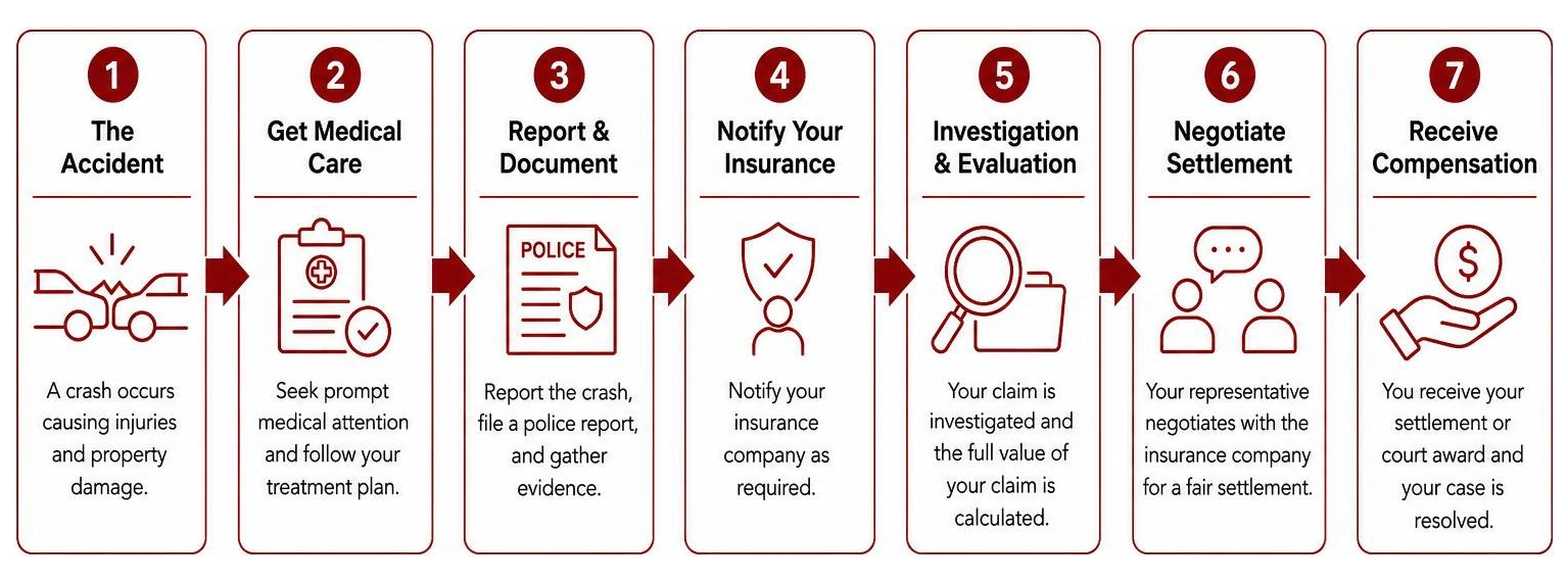 Diagram showing the car accident claim process from the initial crash to final compensation Diagram showing the car accident claim process from the initial crash to final compensation