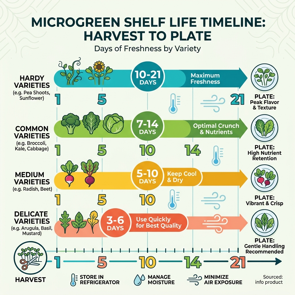 Microgreen shelf life timeline from harvest to plate showing days of freshness by variety - how long do microgreens last in Microgreen shelf life timeline from harvest to plate showing days of freshness by variety - how long do microgreens last in