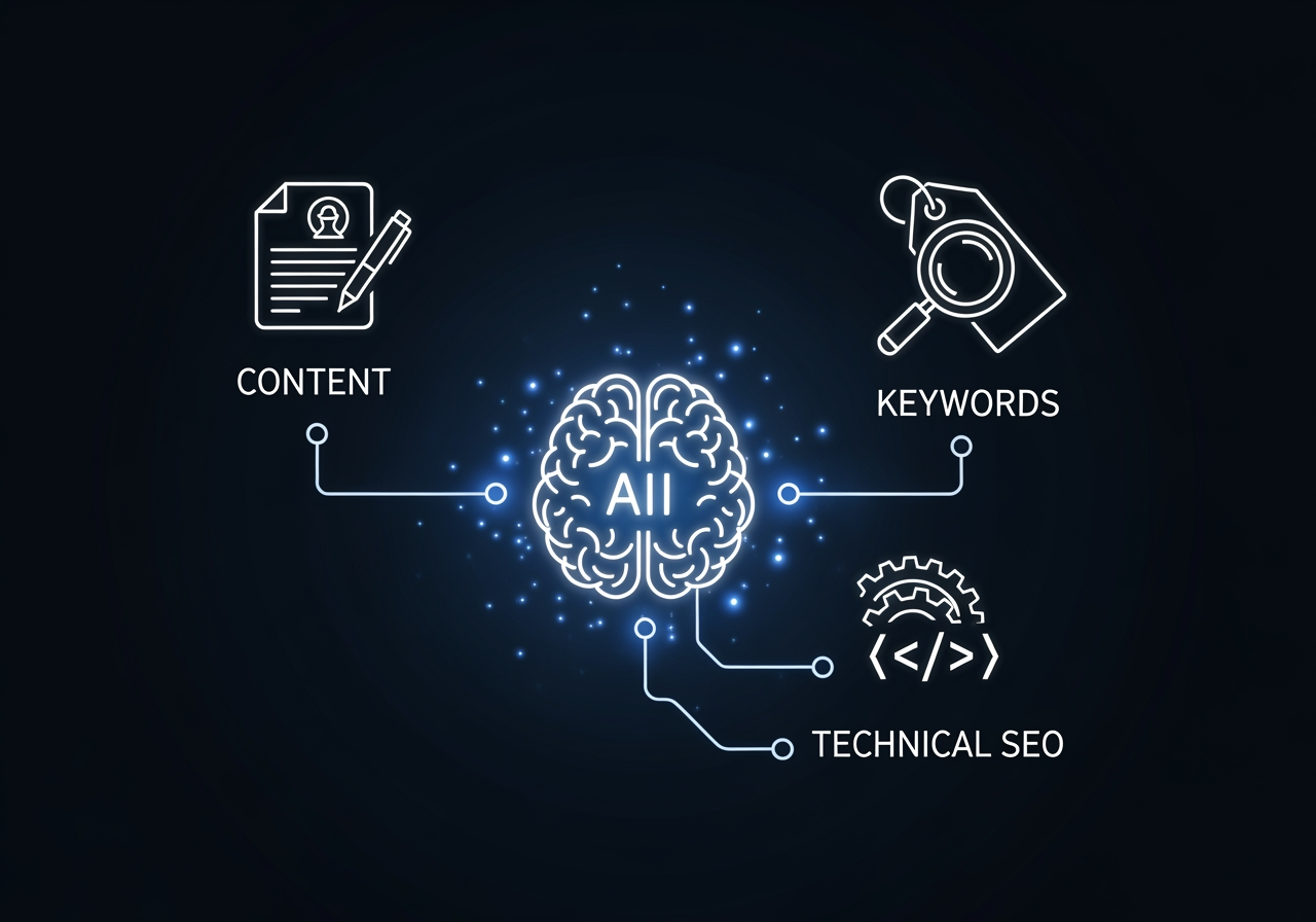 Icons representing Content, Keywords, and Technical SEO connected to a central AI brain icon - AI in SEO