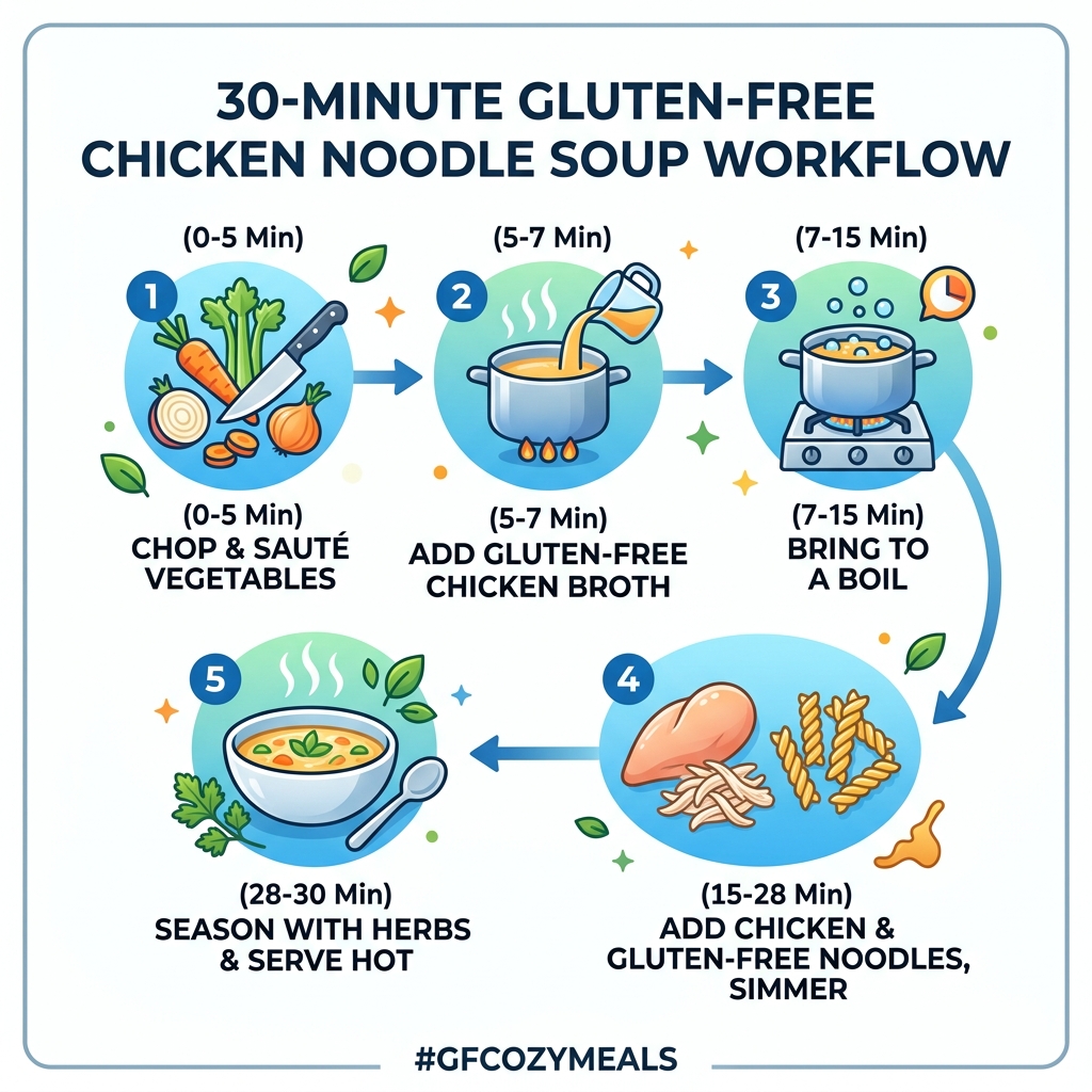 30-minute gluten-free chicken noodle soup workflow from prep to bowl - gluten free homemade chicken noodle soup infographic 