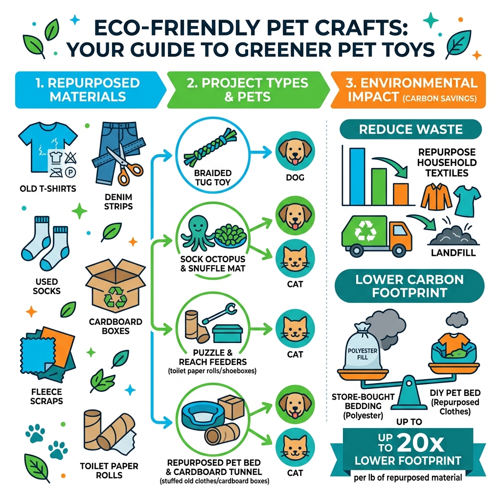 infographic showing eco friendly pet crafts materials, carbon savings, and project types - eco friendly pet crafts