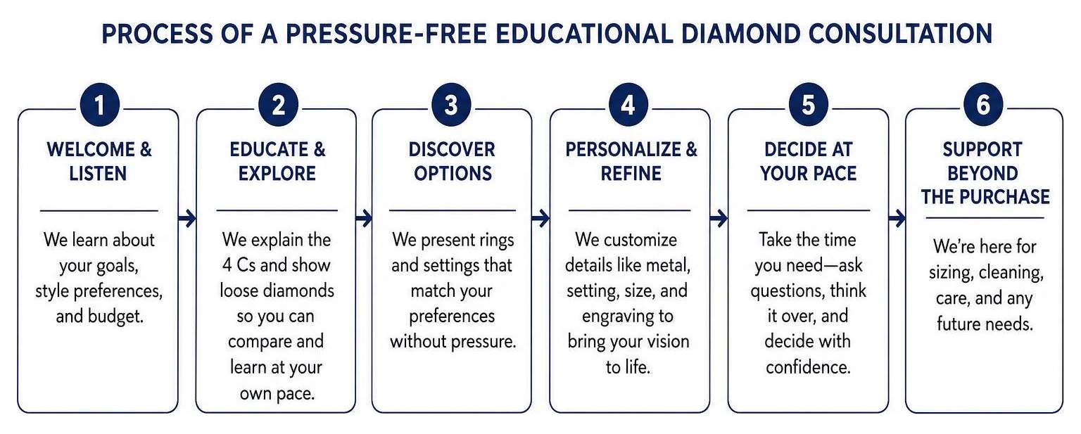 Process of a pressure-free educational diamond consultation Process of a pressure-free educational diamond consultation