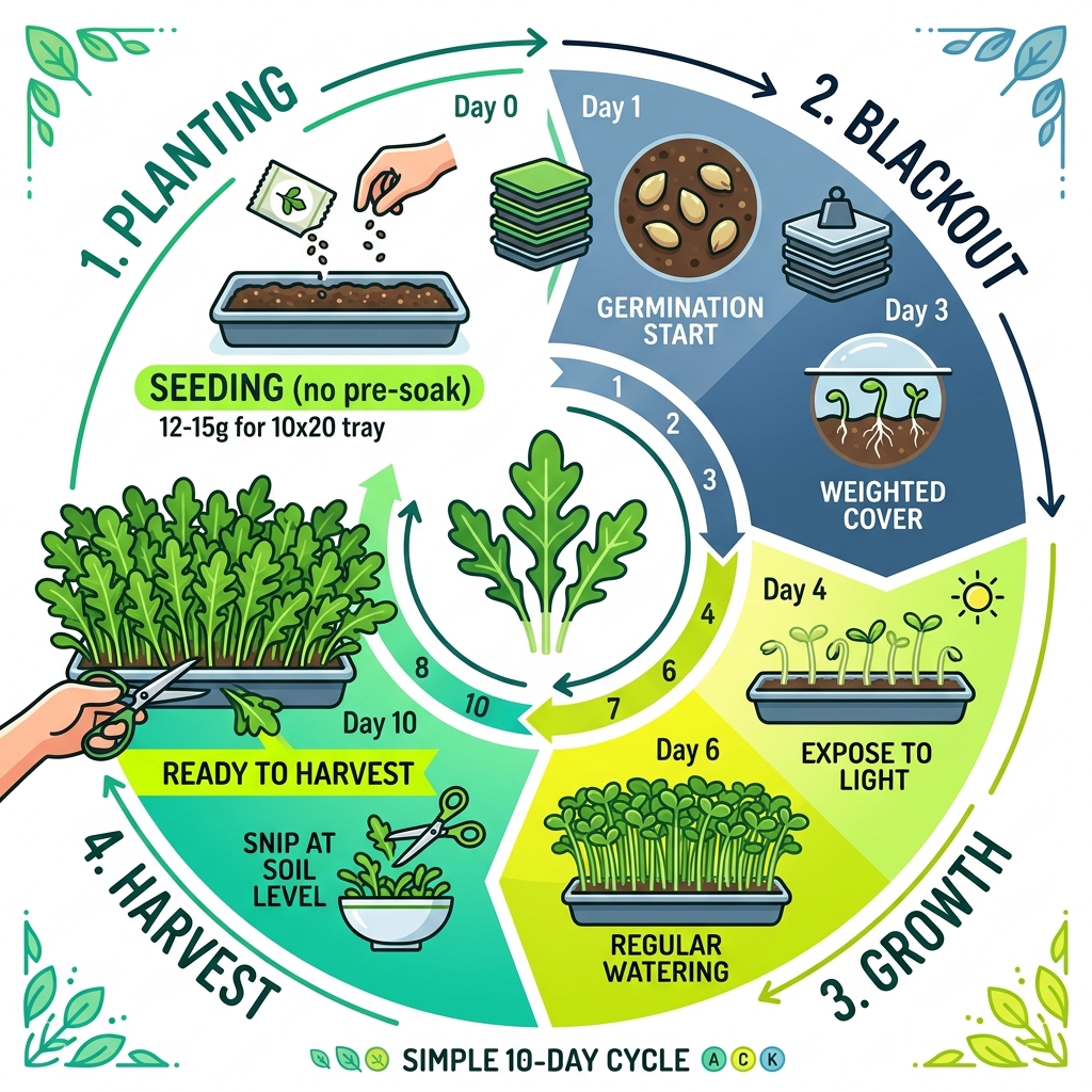 Arugula microgreens 10-day growth cycle infographic from seed to harvest stages - arugula microgreens beginner tips Arugula microgreens 10-day growth cycle infographic from seed to harvest stages - arugula microgreens beginner tips